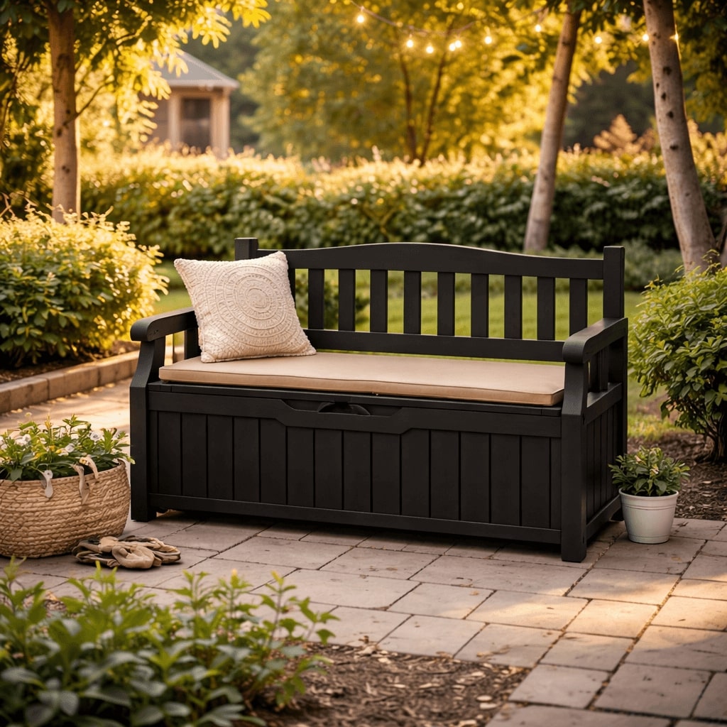 Banc et coffre de jardin extérieur avec rangement intégré – Jardin d’Orée