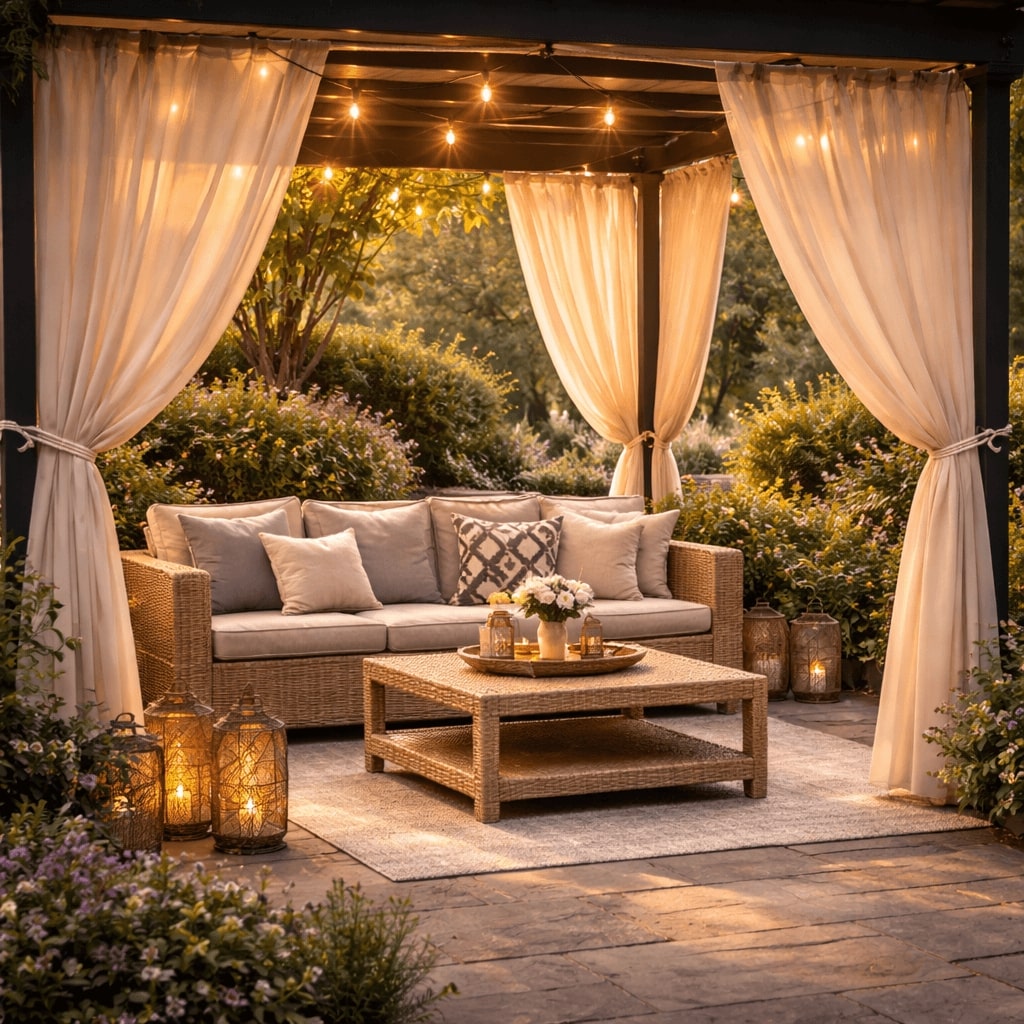 Rideau extérieur pour terrasse et pergola, protection et intimité – Jardin d’Orée