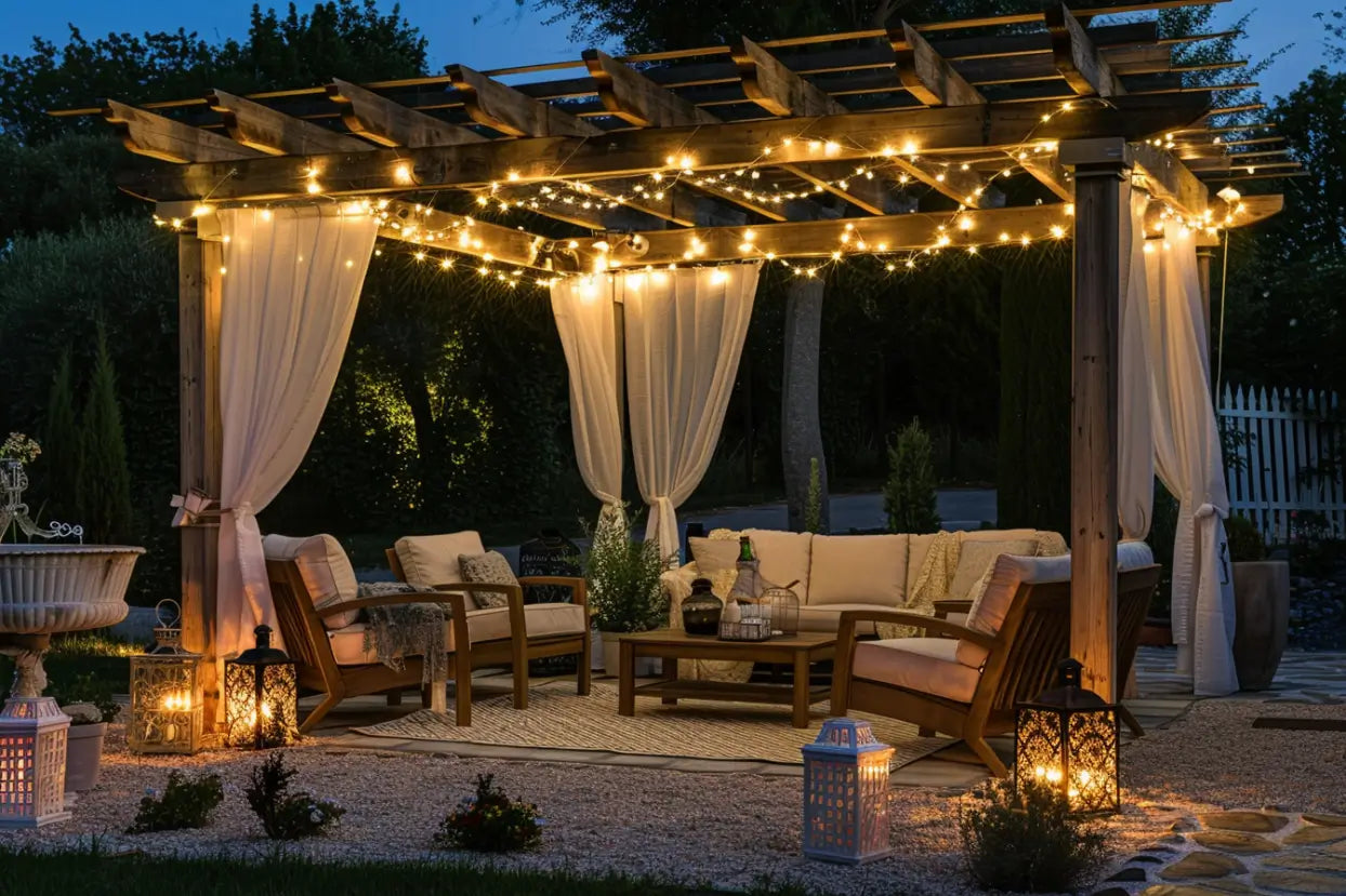 Éclairage extérieur décoratif créant une ambiance chaleureuse dans un jardin