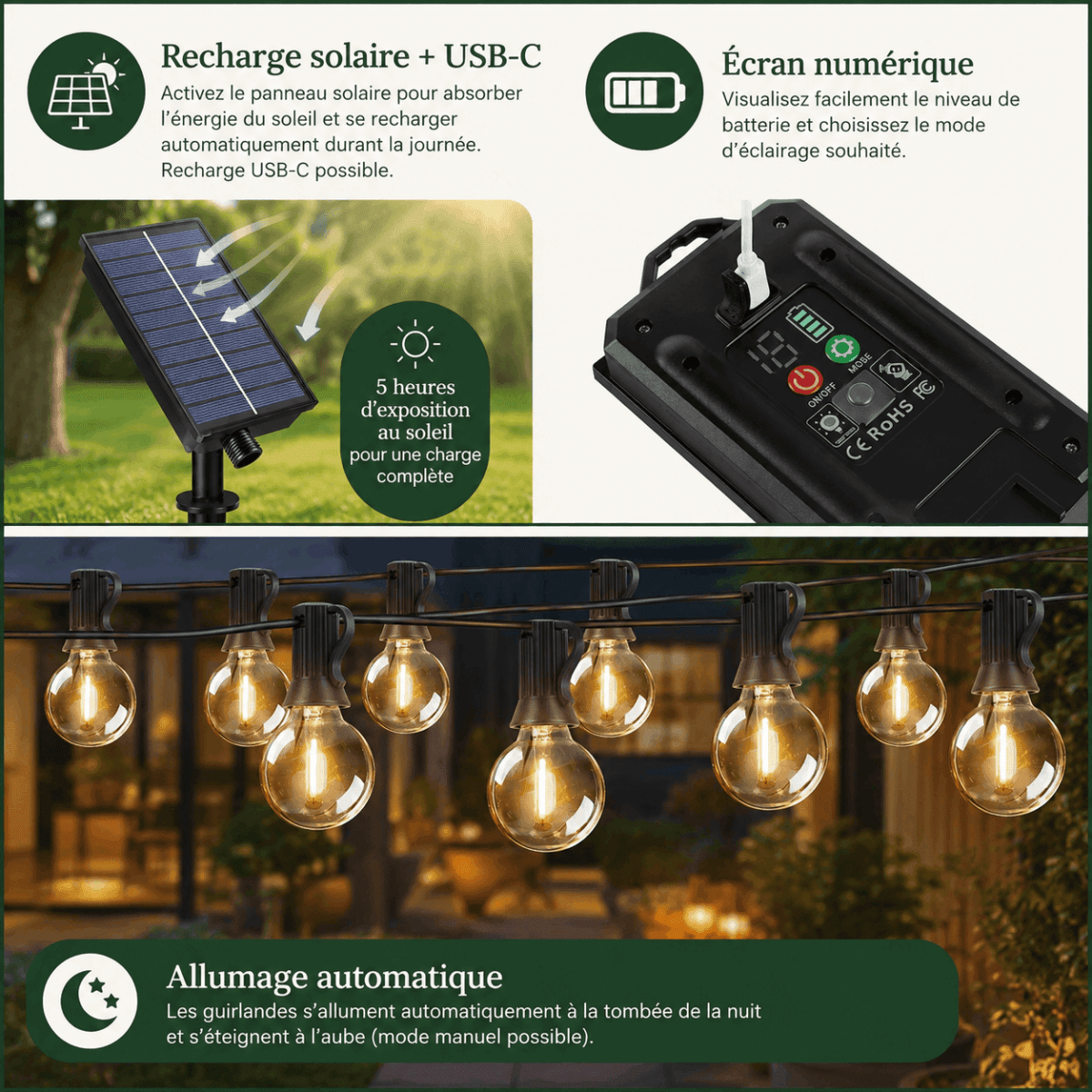 Guirlande lumineuse led extérieur solaire Jardin d'Orée