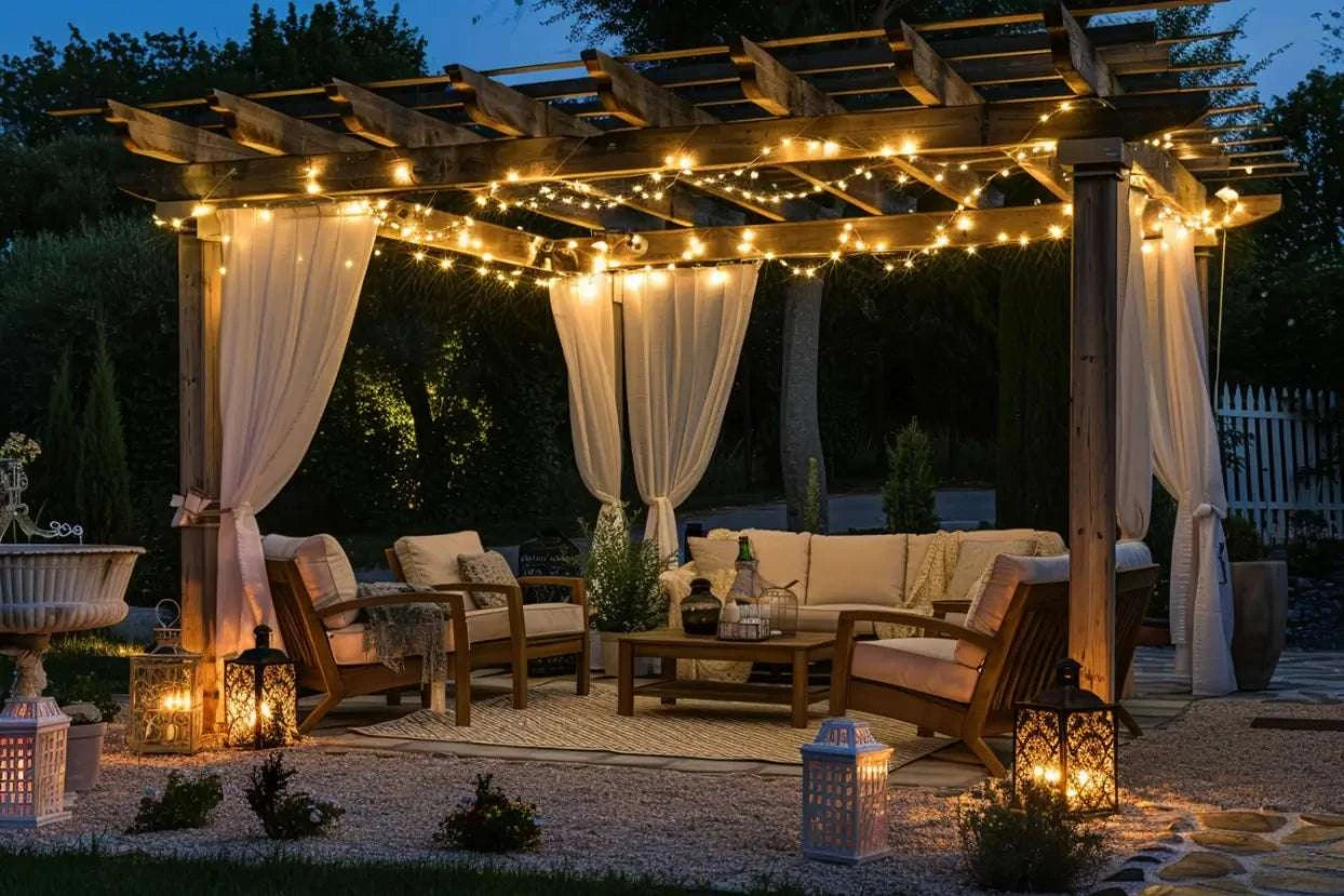 Éclairage extérieur décoratif créant une ambiance chaleureuse dans un jardin