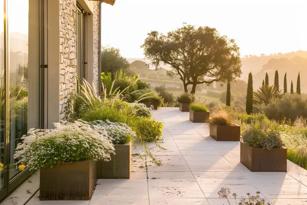 Jardinière extérieure moderne avec plantes méditerranéennes le long d’une terrasse