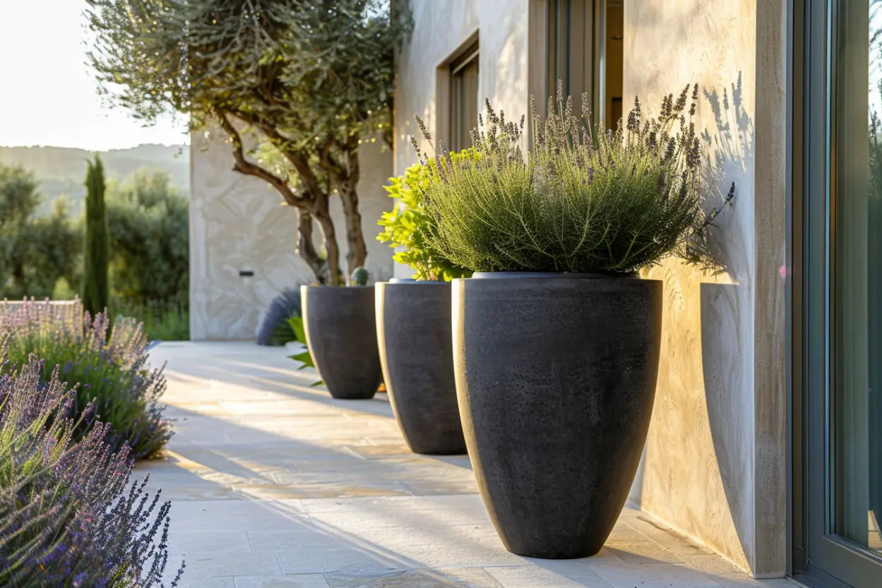 Pot de fleur XXL en extérieur avec plantes décoratives sur terrasse moderne