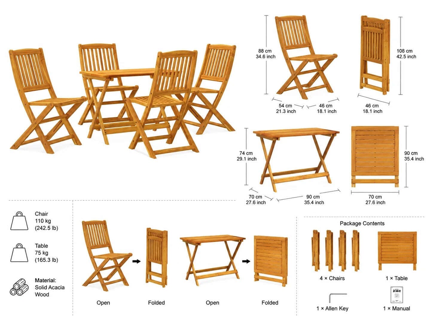 Set de jardin 1 table 4 chaises acacia Jardin d'Orée 