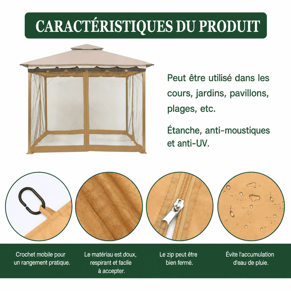Tonnelle de jardin avec moustiquaire et rideaux Jardin d'Orée 